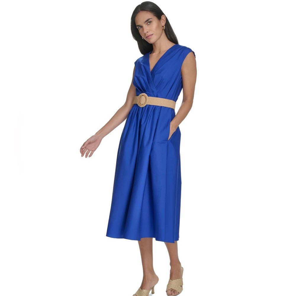Jessica Howard Blue Belted Midi Dress Petite Size 10P NWT Office Vacation - Picture 6 of 9